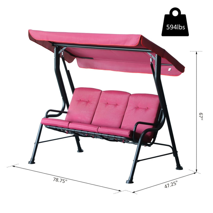 Outdoor 3-Seater Deluxe Swing Lounger w/ Canopy, Cushions for Patio Deck Garden - Pink Wine Red