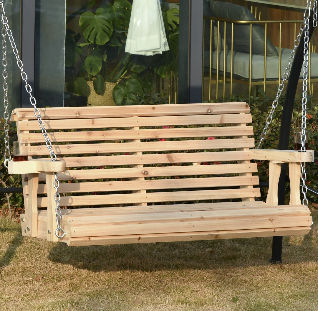 Wooden 2-Seater Outdoor Swing w/ Cup Holders for Patio Backyard Garden Deck Porch - Fir Wood