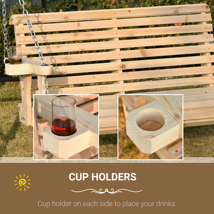 Wooden 2-Seater Outdoor Swing w/ Cup Holders for Patio Backyard Garden Deck Porch - Fir Wood