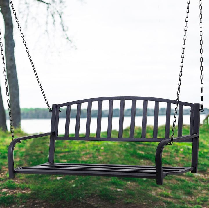 Outdoor 2-Seater Hanging Metal Slatted Swing for Patio Backyard Garden Deck Porch - Black