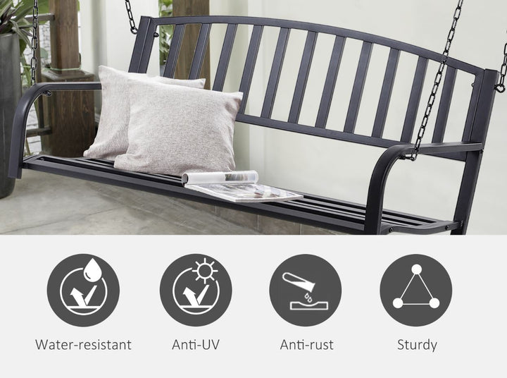 Outdoor 2-Seater Hanging Metal Slatted Swing for Patio Backyard Garden Deck Porch - Black