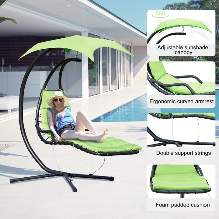 Hanging Padded Swing Hammock Lounge Chaise Chair w Canopy & Stand, Patio Pool Deck, Lime Green
