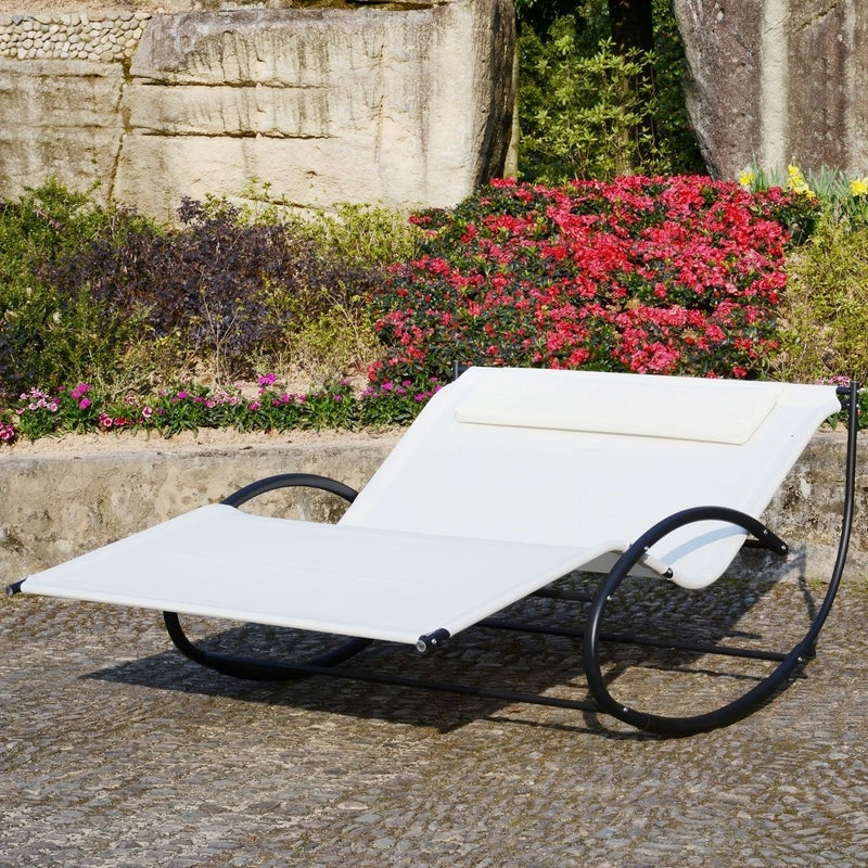 2-Person Double Hammock Rocker Chaise Sun Lounger w Pillow for Patio Deck Pool - Cream White