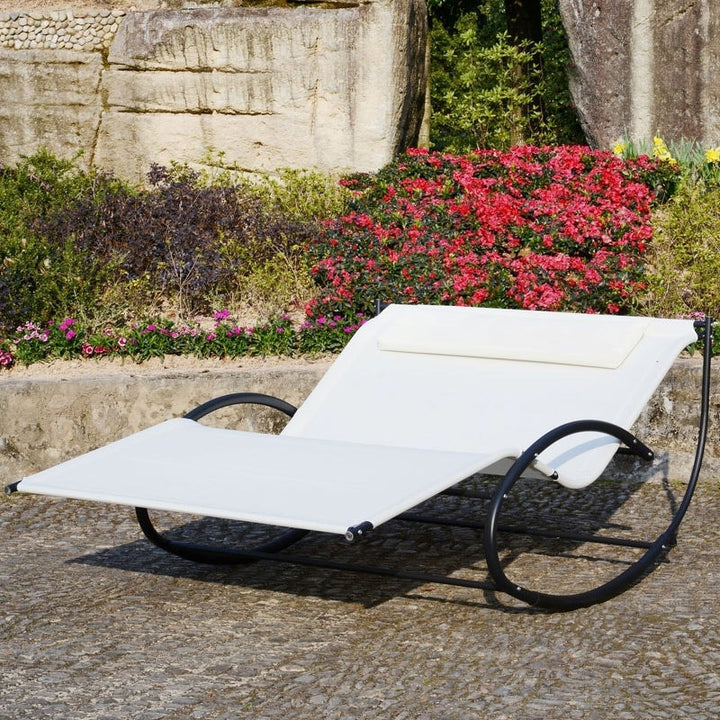 2-Person Double Hammock Rocker Chaise Sun Lounger w Pillow for Patio Deck Pool - Cream White