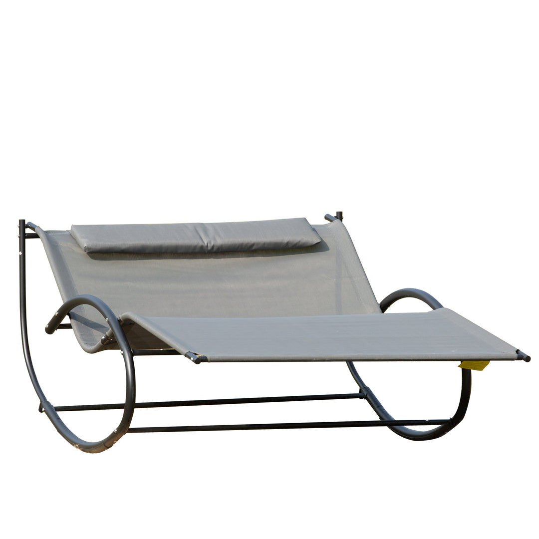 2-Person Double Hammock Rocker Chaise Sun Lounger w Pillow for Patio Deck Pool Yard - Grey
