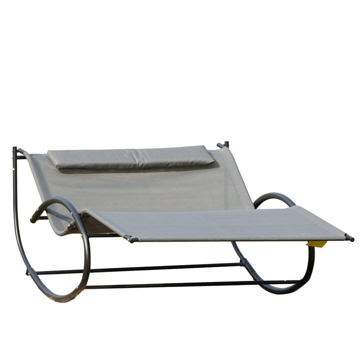 2-Person Double Hammock Rocker Chaise Sun Lounger w Pillow for Patio Deck Pool Yard - Grey