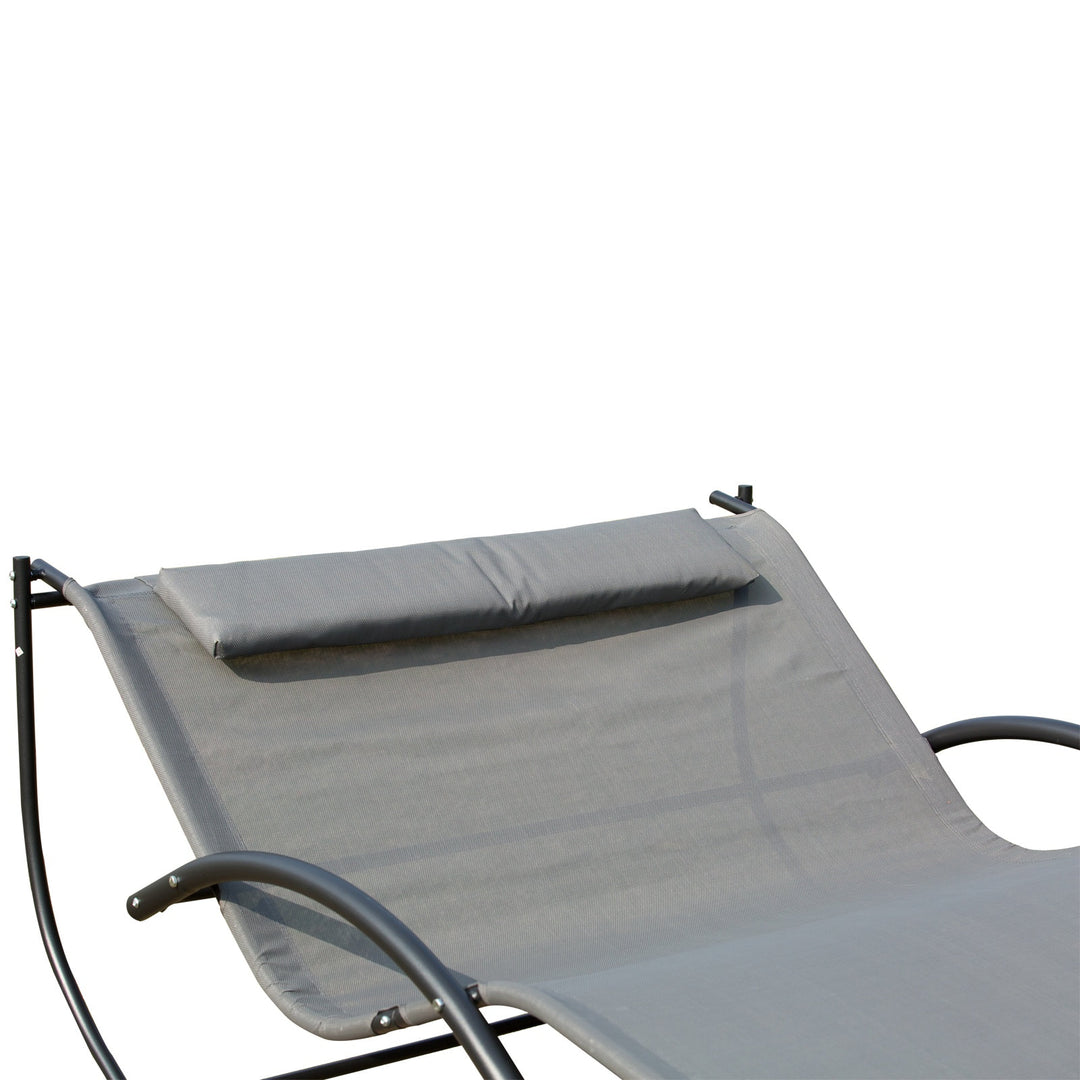2-Person Double Hammock Rocker Chaise Sun Lounger w Pillow for Patio Deck Pool Yard - Grey
