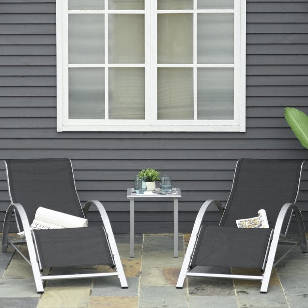 3pc Reclined Chaise Sun Lounger Chair w Side Table, Patio Tanning Beach Pool Deck Garden, Grey