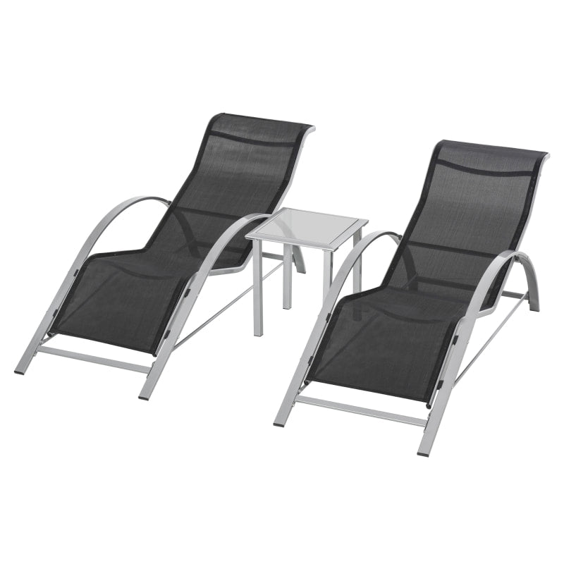 3pc Reclined Chaise Sun Lounger Chair w Side Table, Patio Tanning Beach Pool Deck Garden, Grey