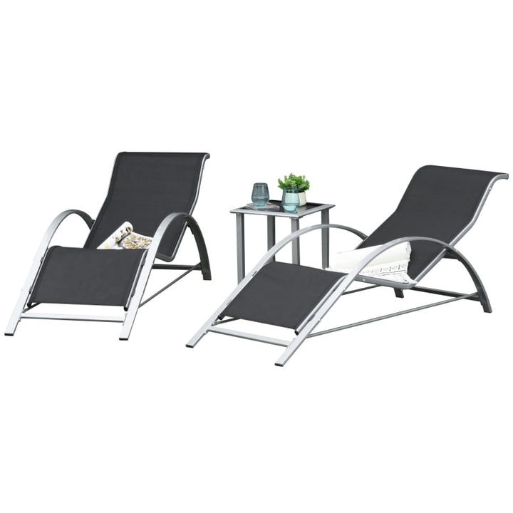 3pc Reclined Chaise Sun Lounger Chair w Side Table, Patio Tanning Beach Pool Deck Garden, Grey