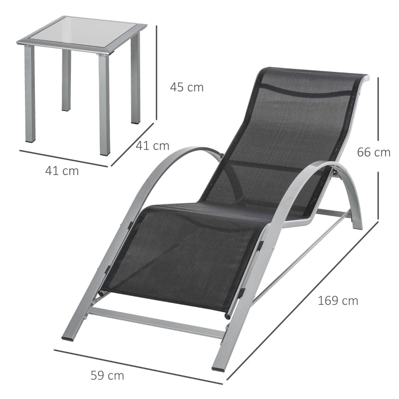 3pc Reclined Chaise Sun Lounger Chair w Side Table, Patio Tanning Beach Pool Deck Garden, Grey