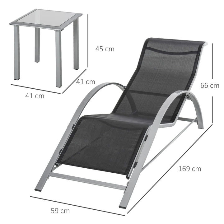 3pc Reclined Chaise Sun Lounger Chair w Side Table, Patio Tanning Beach Pool Deck Garden, Grey