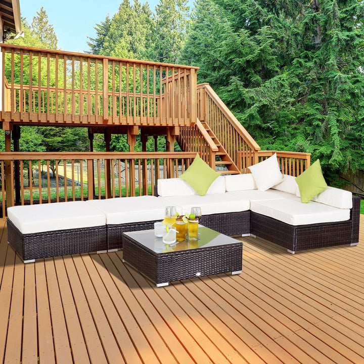 6pc PE Rattan Wicker Sectional Patio Conversation Set w Cushions, Ottomans – Cream White, Brown