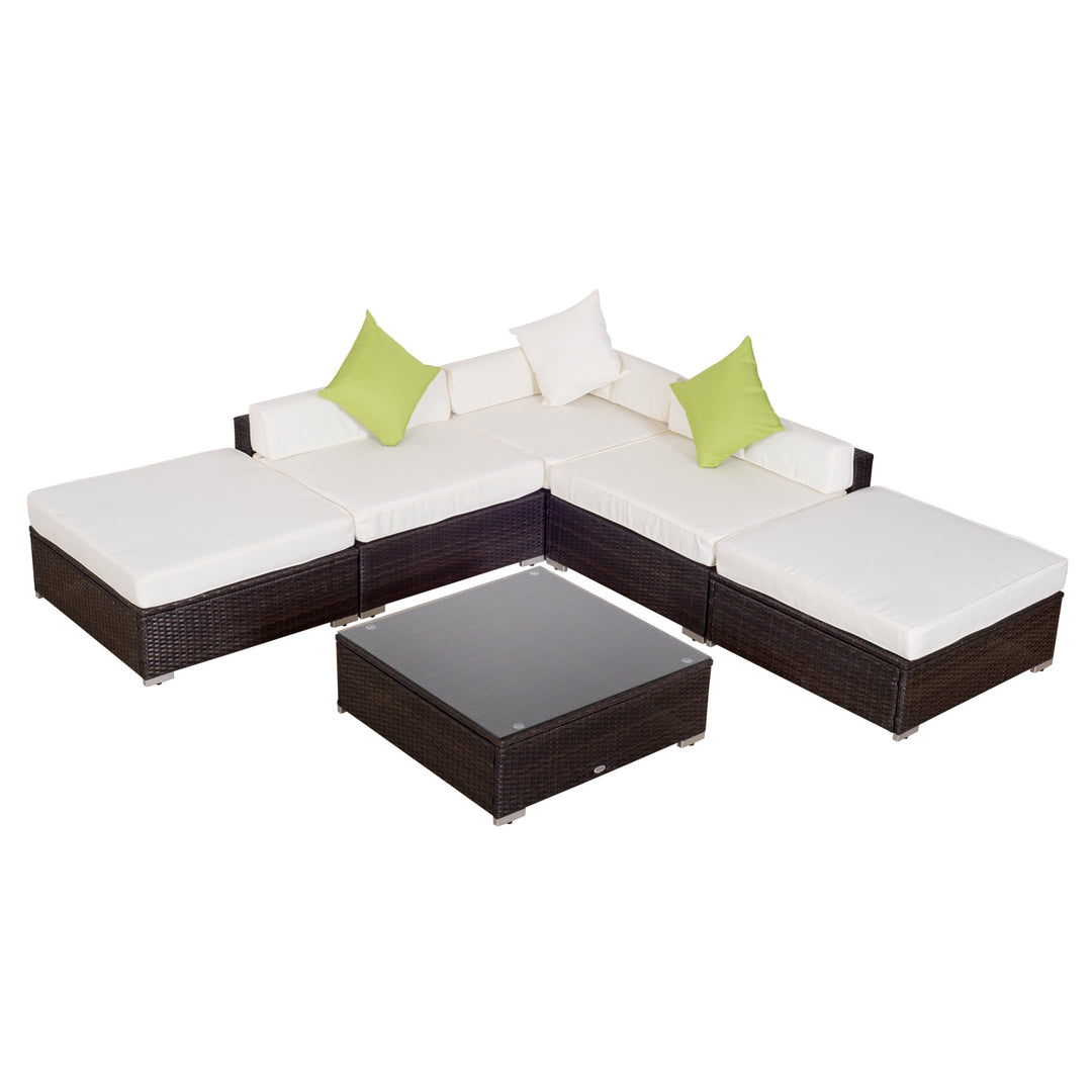 6pc PE Rattan Wicker Sectional Patio Conversation Set w Cushions, Ottomans – Cream White, Brown