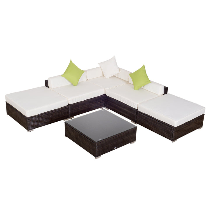 6pc PE Rattan Wicker Sectional Patio Conversation Set w Cushions, Ottomans – Cream White, Brown