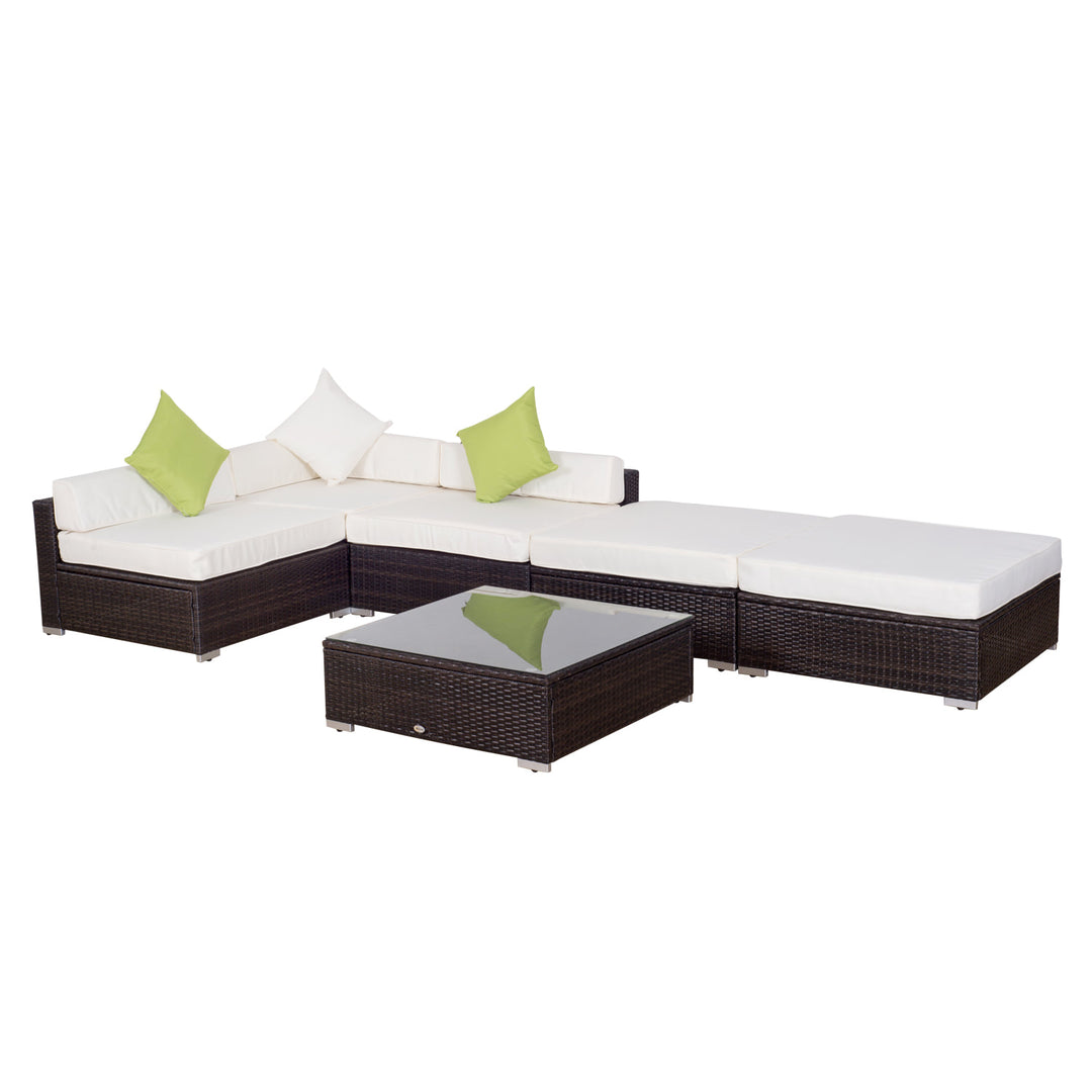 6pc PE Rattan Wicker Sectional Patio Conversation Set w Cushions, Ottomans – Cream White, Brown