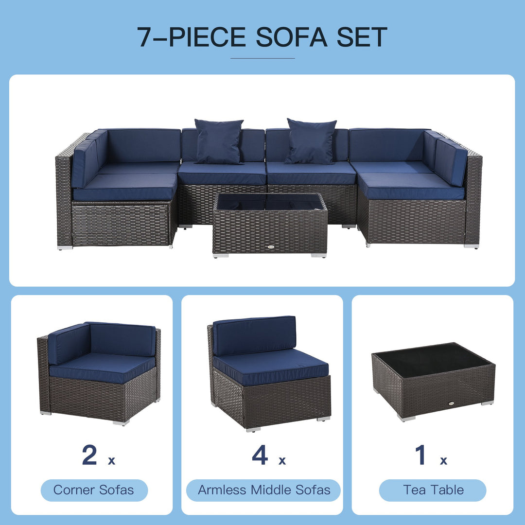 7pc PE Rattan Wicker Sectional Conversation Furniture Set w/ Cushions Outdoor Patio - Navy Blue