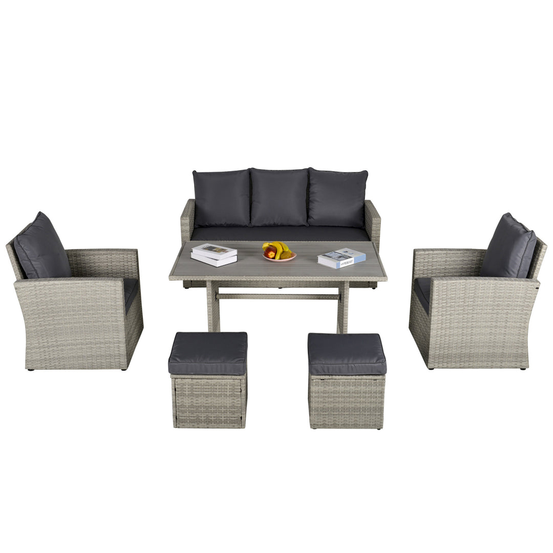 6pc PE Rattan Wicker Outdoor Dining Set w/ Cushions, Plastic Wood-top Table for Patio - Grey