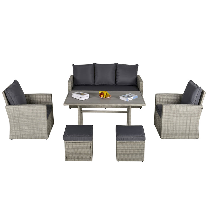 6pc PE Rattan Wicker Outdoor Dining Set w/ Cushions, Plastic Wood-top Table for Patio - Grey