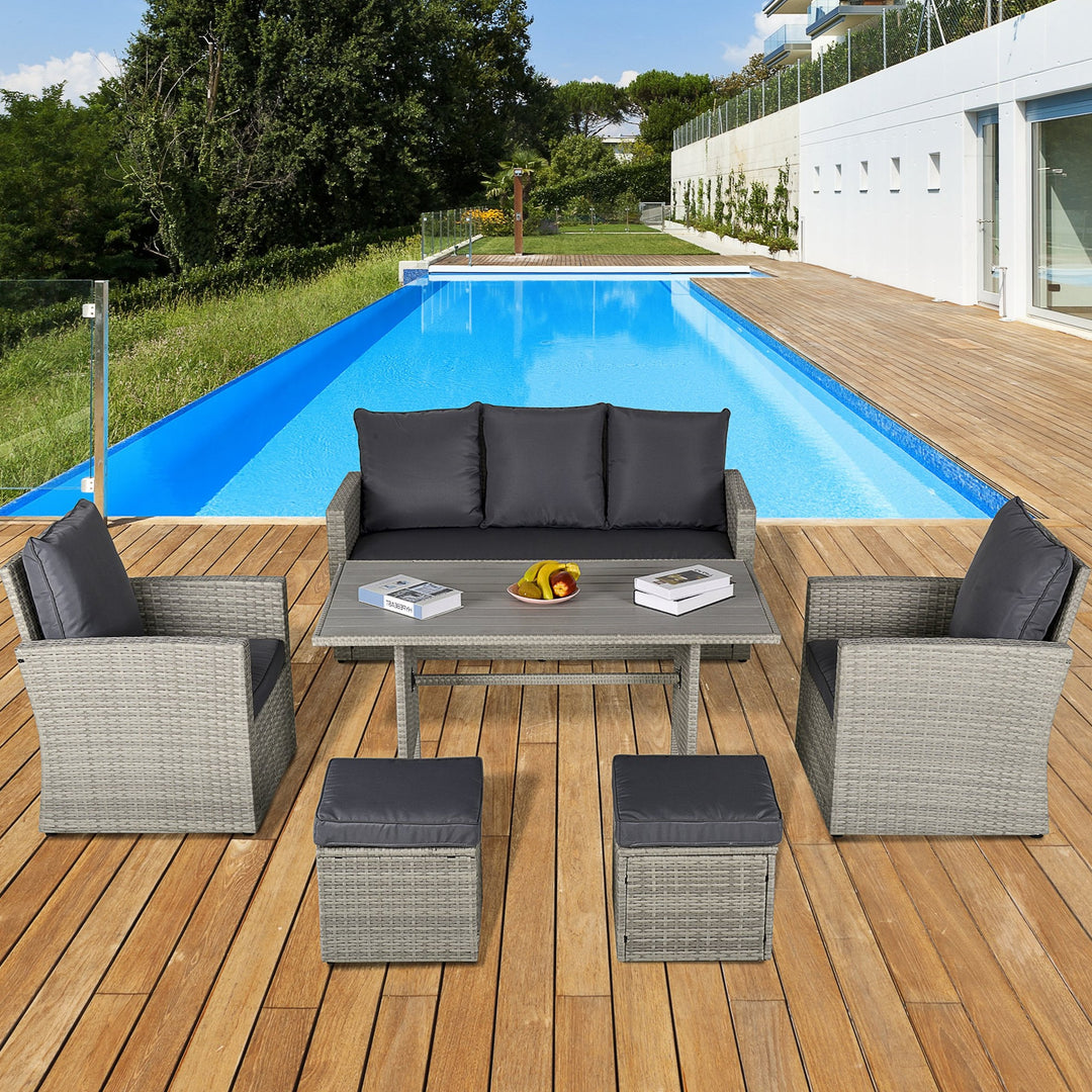 6pc PE Rattan Wicker Outdoor Dining Set w/ Cushions, Plastic Wood-top Table for Patio - Grey