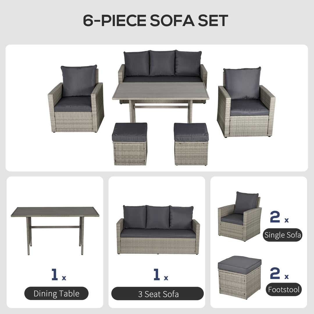 6pc PE Rattan Wicker Outdoor Dining Set w/ Cushions, Plastic Wood-top Table for Patio - Grey