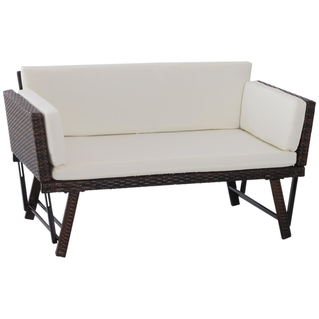 Convertible Rattan Wicker Chaise Lounger Loveseat Sofa Futon Bed for Patio Brown & Cream White