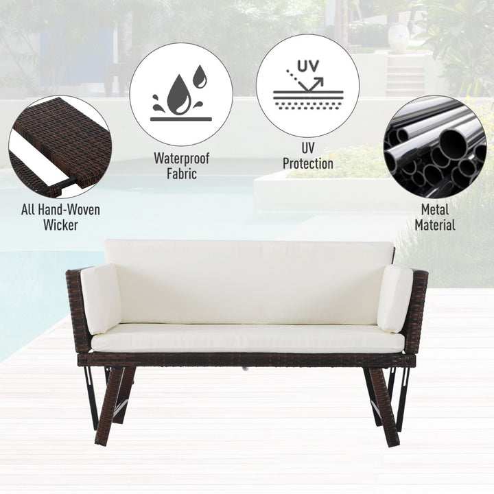 Convertible Rattan Wicker Chaise Lounger Loveseat Sofa Futon Bed for Patio Brown & Cream White