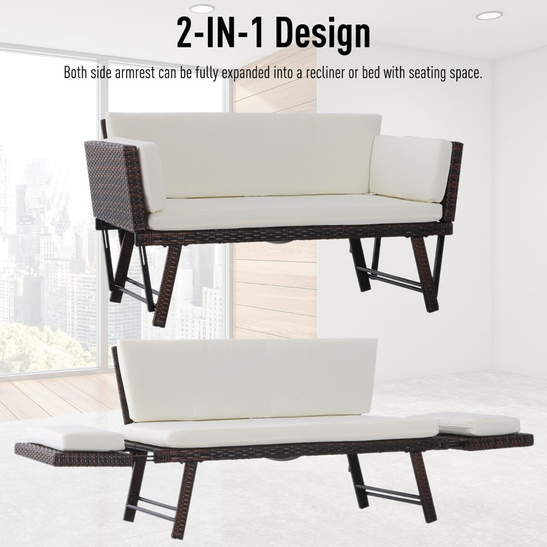 Convertible Rattan Wicker Chaise Lounger Loveseat Sofa Futon Bed for Patio Brown & Cream White
