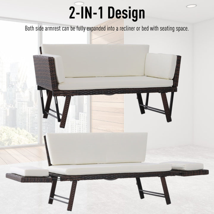 Convertible Rattan Wicker Chaise Lounger Loveseat Sofa Futon Bed for Patio Brown & Cream White