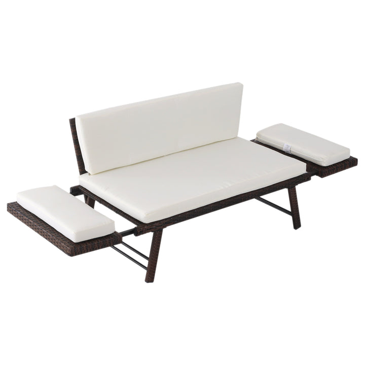 Convertible Rattan Wicker Chaise Lounger Loveseat Sofa Futon Bed for Patio Brown & Cream White