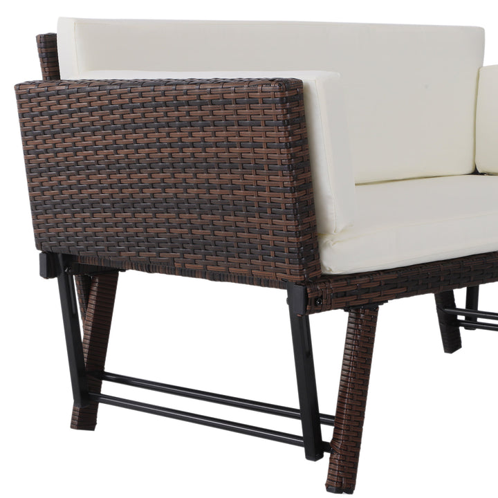 Convertible Rattan Wicker Chaise Lounger Loveseat Sofa Futon Bed for Patio Brown & Cream White