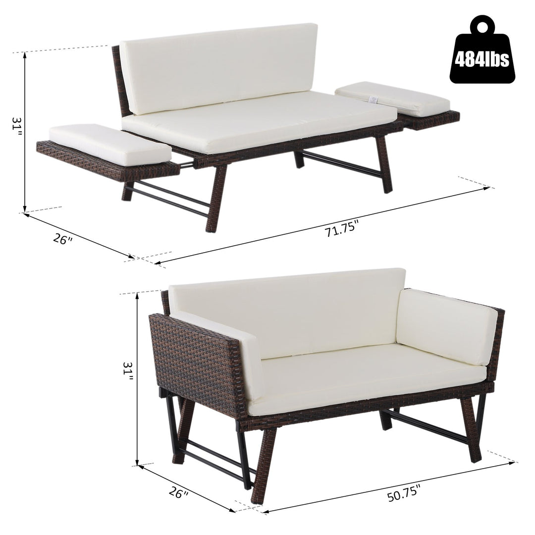 Convertible Rattan Wicker Chaise Lounger Loveseat Sofa Futon Bed for Patio Brown & Cream White