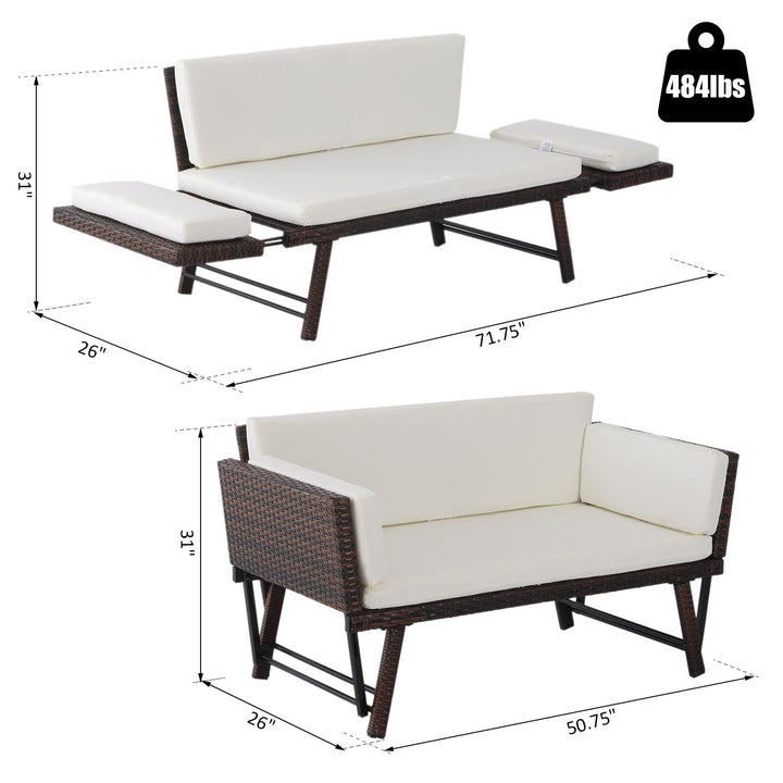 Convertible Rattan Wicker Chaise Lounger Loveseat Sofa Futon Bed for Patio Brown & Cream White
