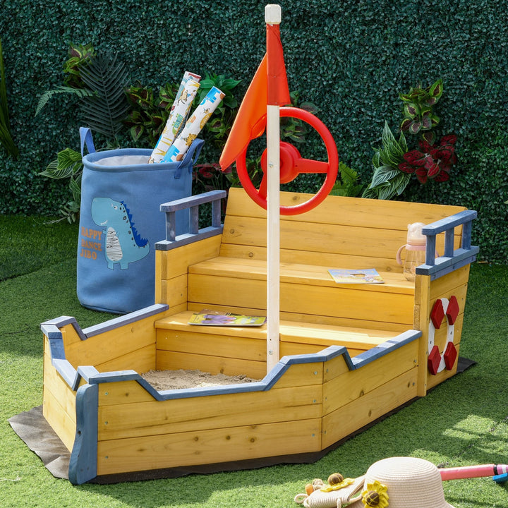 Kids Wooden Pirate Ship Boat Sandbox for Outdoor Backyard Playground w/ Bench Storage, Cedar