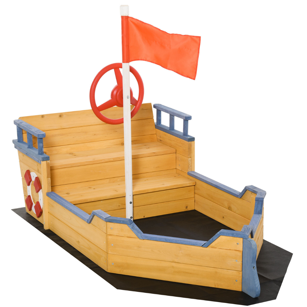 Kids Wooden Pirate Ship Boat Sandbox for Outdoor Backyard Playground w/ Bench Storage, Cedar