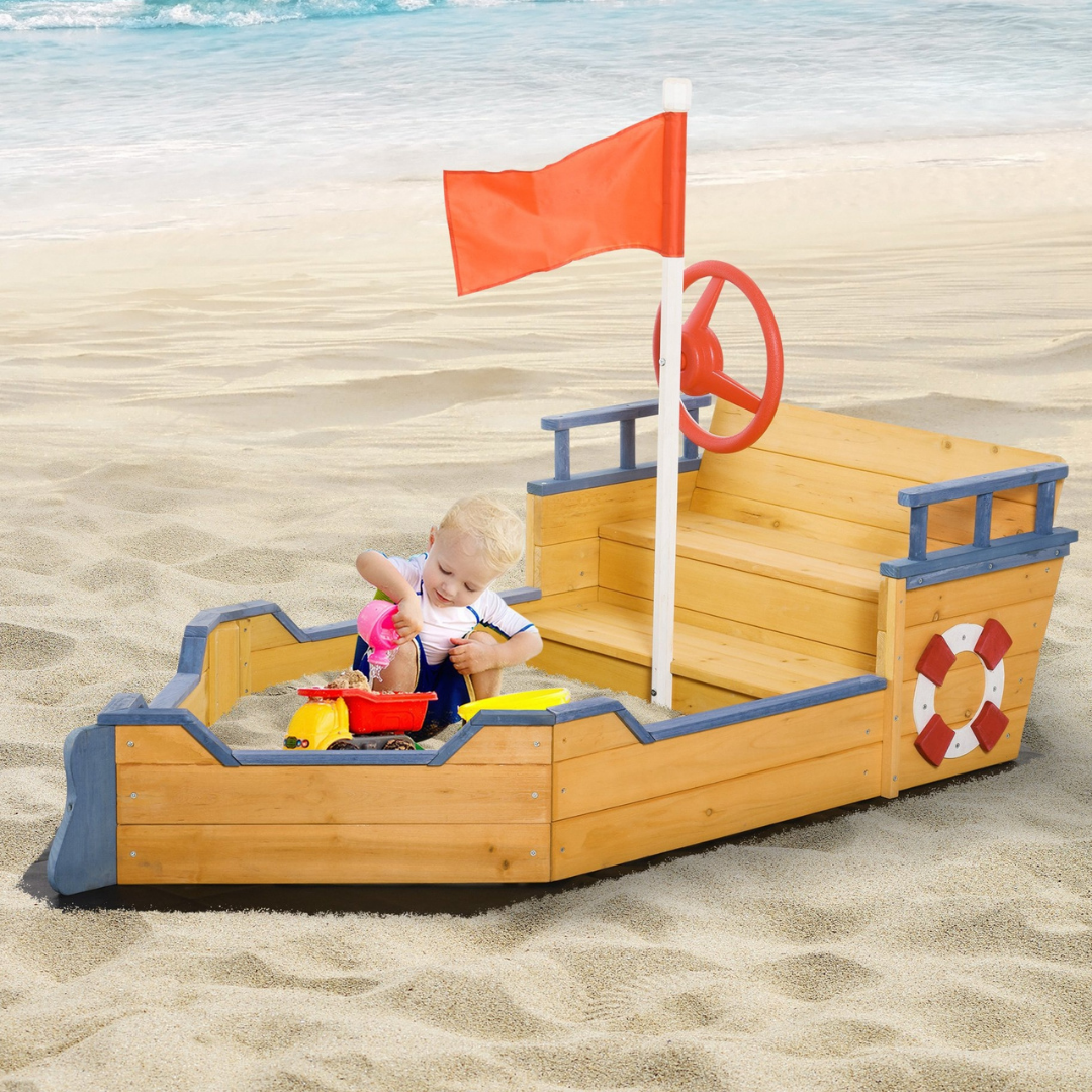 Kids Wooden Pirate Ship Boat Sandbox for Outdoor Backyard Playground w/ Bench Storage, Cedar