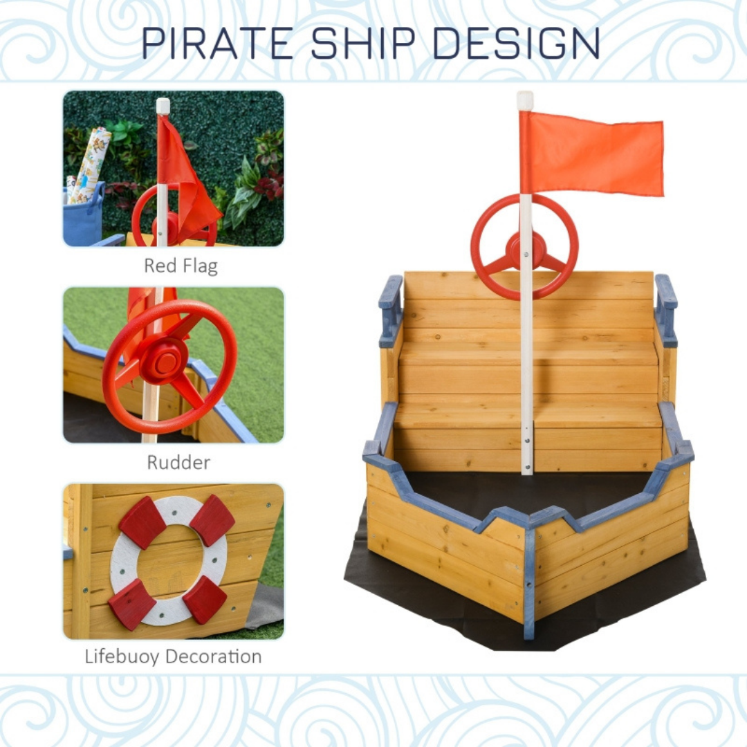 Kids Wooden Pirate Ship Boat Sandbox for Outdoor Backyard Playground w/ Bench Storage, Cedar