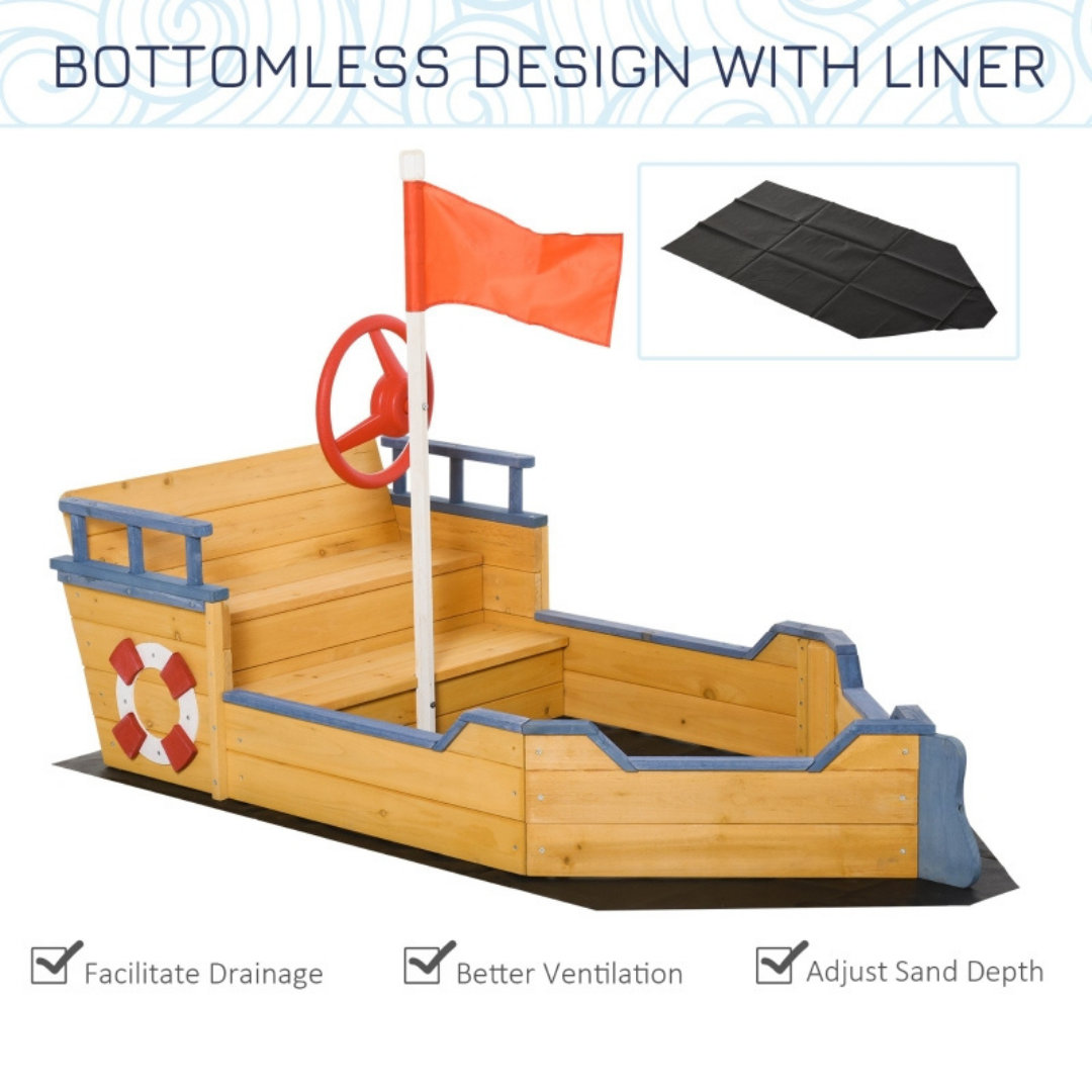 Kids Wooden Pirate Ship Boat Sandbox for Outdoor Backyard Playground w/ Bench Storage, Cedar