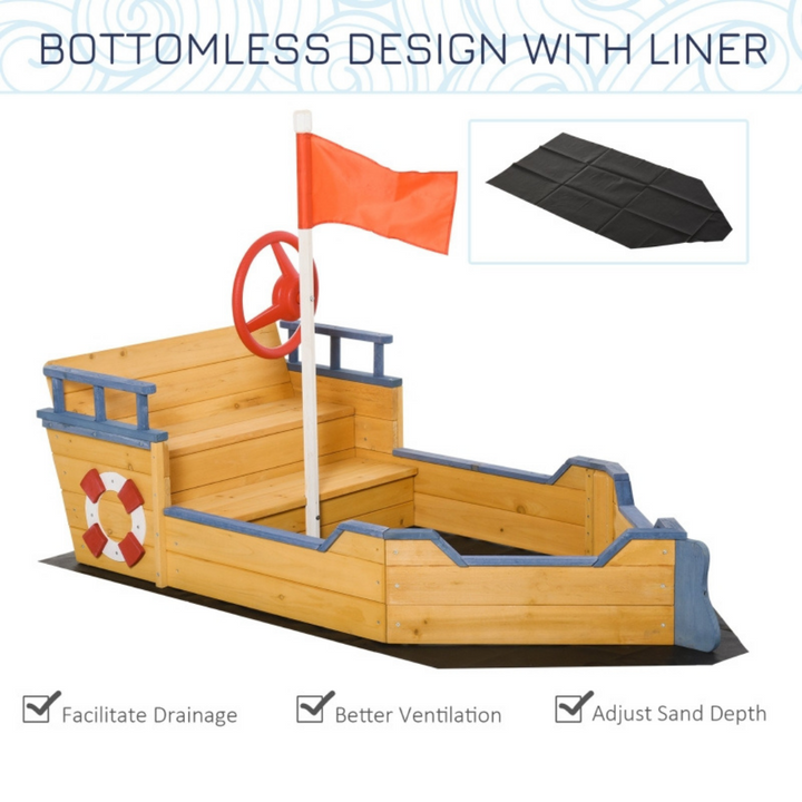 Kids Wooden Pirate Ship Boat Sandbox for Outdoor Backyard Playground w/ Bench Storage, Cedar