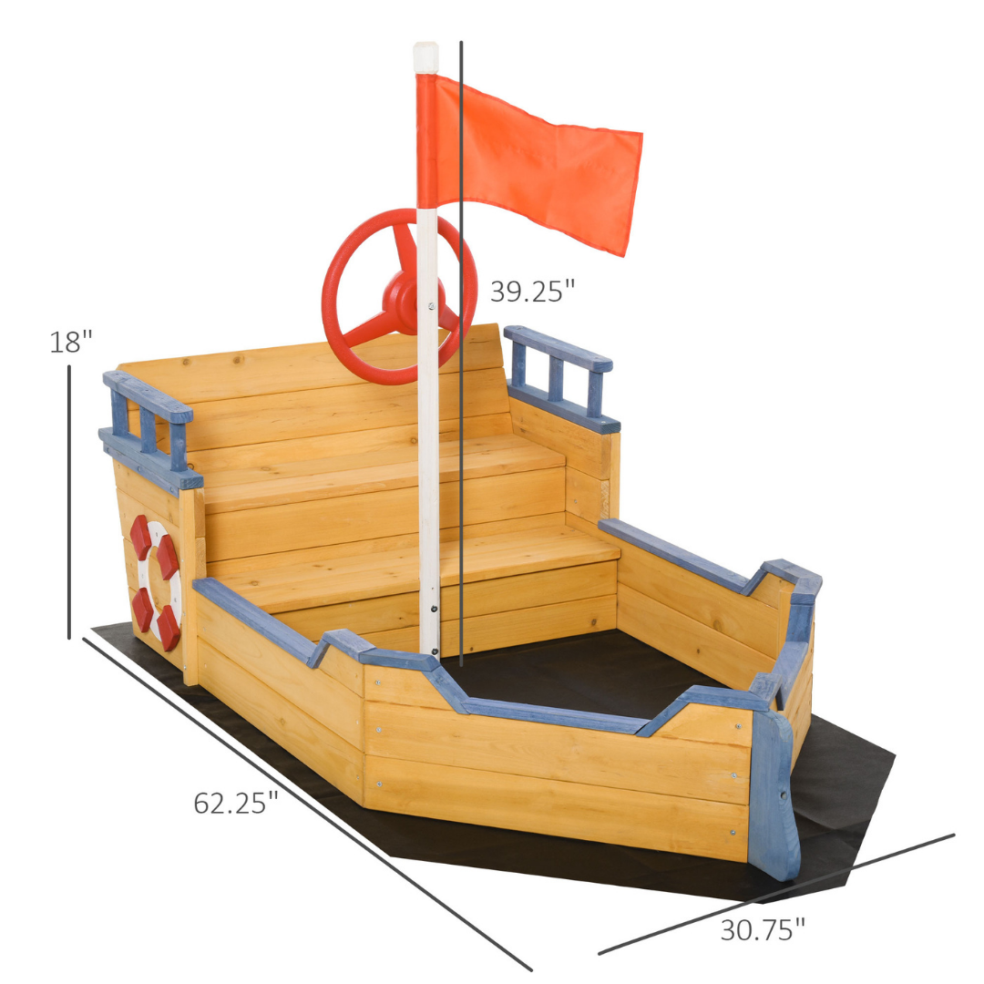 Kids Wooden Pirate Ship Boat Sandbox for Outdoor Backyard Playground w/ Bench Storage, Cedar