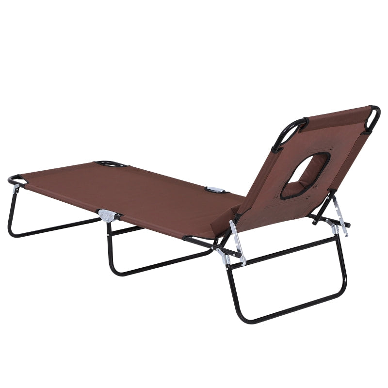Folding Chaise Recline Sun Lounger w Face Reading Hole & Pillow, Beach Patio Pool Deck, Brown