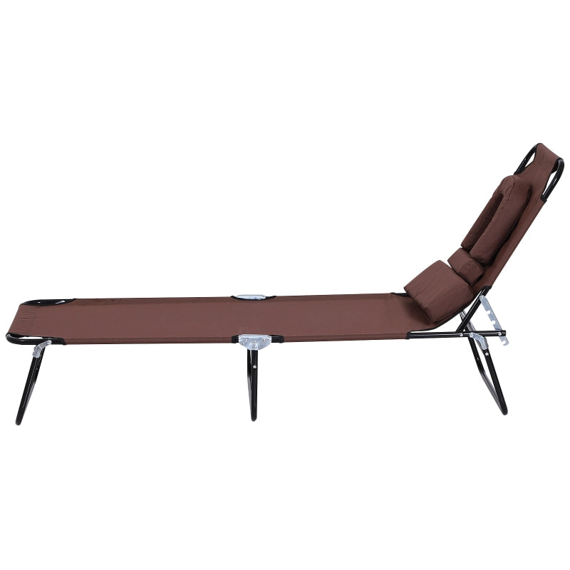 Folding Chaise Recline Sun Lounger w Face Reading Hole & Pillow, Beach Patio Pool Deck, Brown