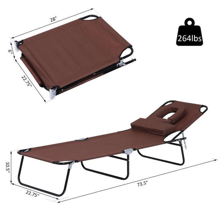 Folding Chaise Recline Sun Lounger w Face Reading Hole & Pillow, Beach Patio Pool Deck, Brown