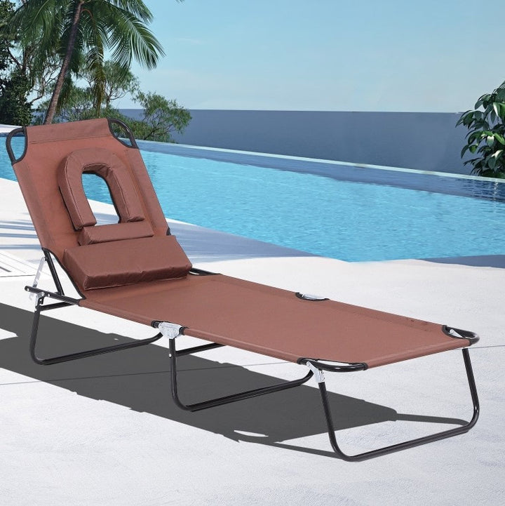 Folding Chaise Recline Sun Lounger w Face Reading Hole & Pillow, Beach Patio Pool Deck, Brown