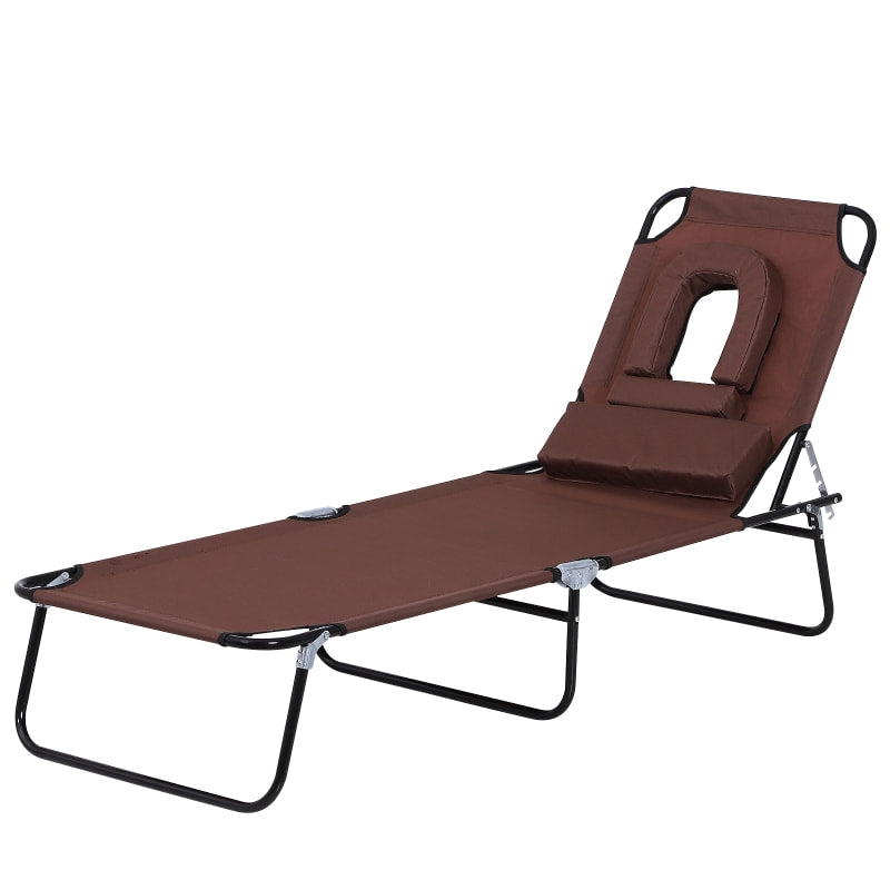Folding Chaise Recline Sun Lounger w Face Reading Hole & Pillow, Beach Patio Pool Deck, Brown