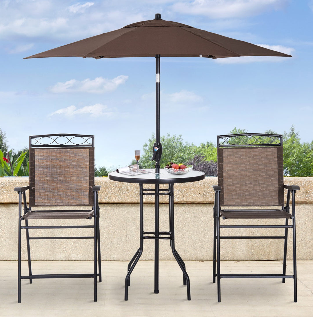 Outdoor 4PC Foldable Bistro Dining Set w/ 2 Chairs Table & Umbrella for Patio Garden - Brown