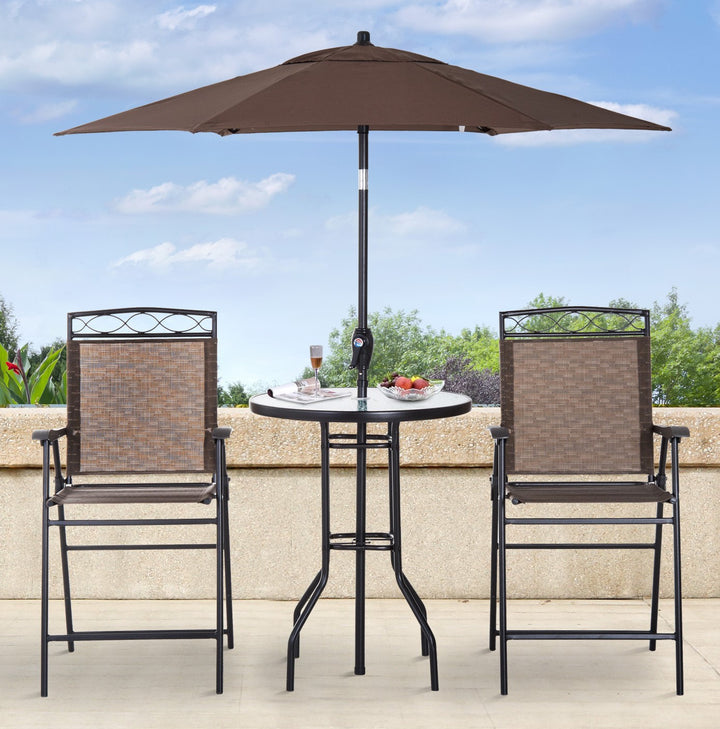 Outdoor 4PC Foldable Bistro Dining Set w/ 2 Chairs Table & Umbrella for Patio Garden - Brown