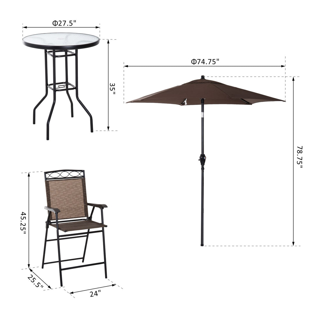 Outdoor 4PC Foldable Bistro Dining Set w/ 2 Chairs Table & Umbrella for Patio Garden - Brown