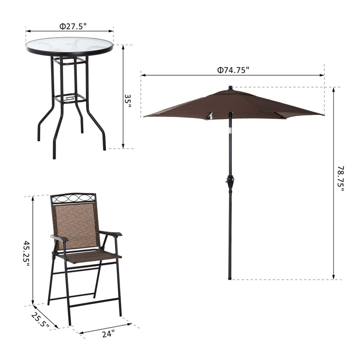 Outdoor 4PC Foldable Bistro Dining Set w/ 2 Chairs Table & Umbrella for Patio Garden - Brown