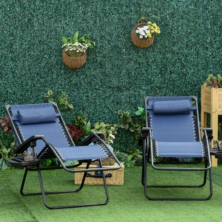 2pc Zero Gravity Folding Lounge Chair Reclining Deck Seat w Cup Holder, Canopy Sun Shade - Blue
